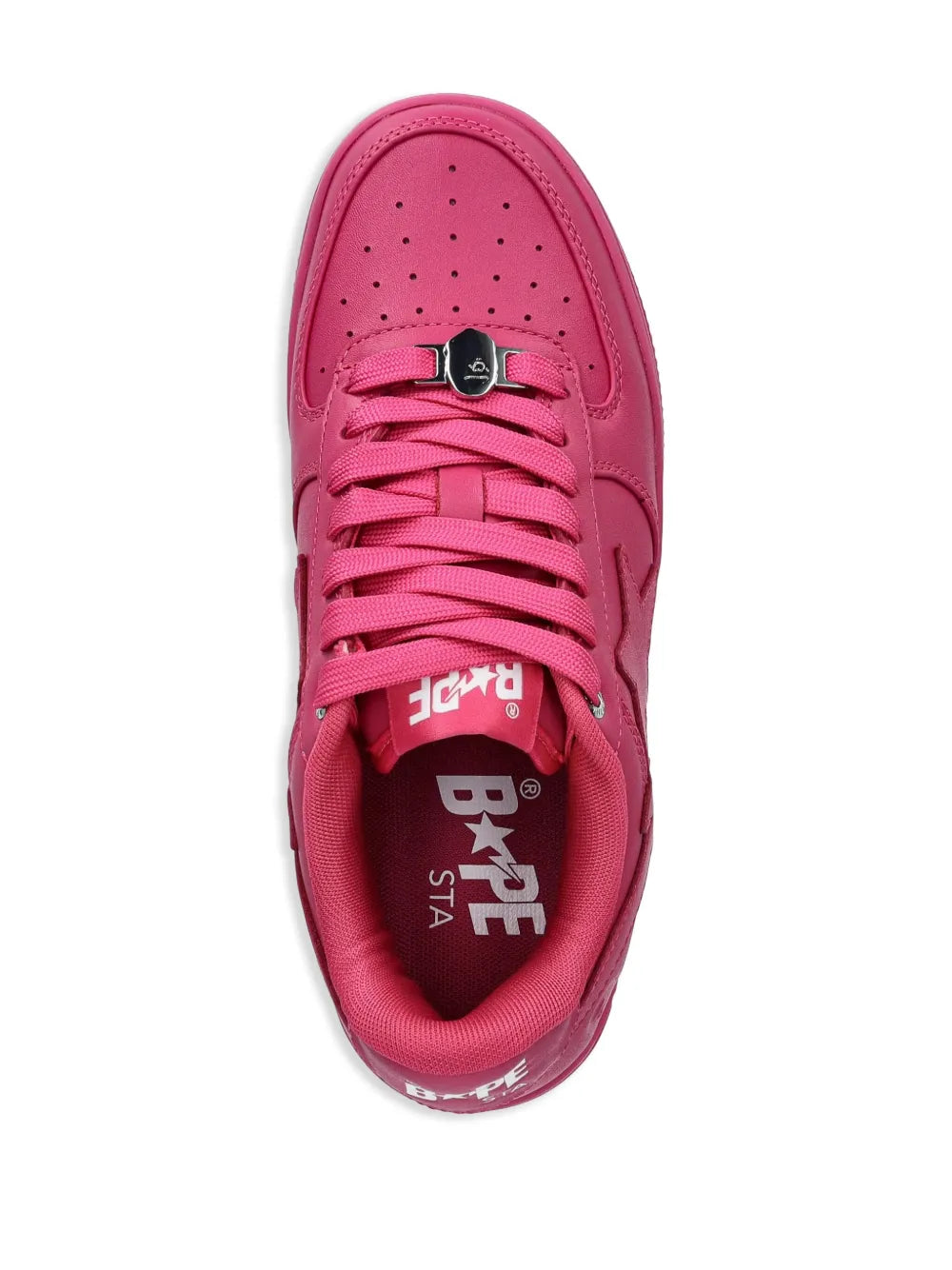 Pink low-top sneakers, lace-up top view with BAPE tongue label
