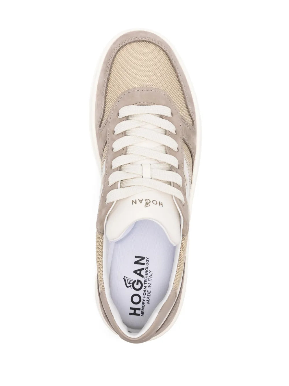 Beige Hogan sneakers close-up of front with insole branding, white laces and sole