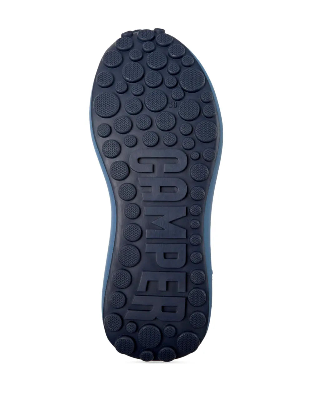 Blue rubber outsole with raised traction nubs and molded pattern