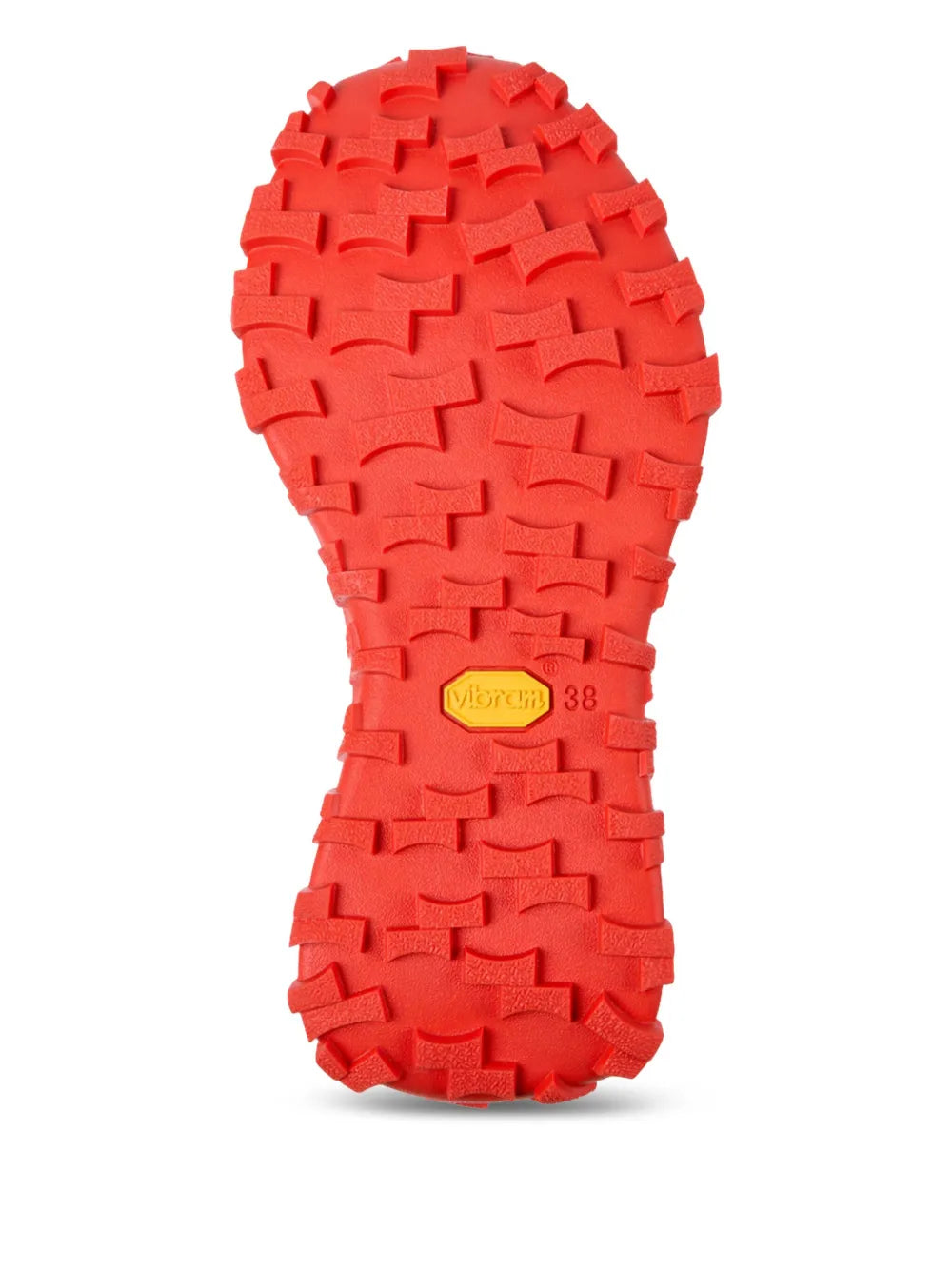 Red sneaker outsole with textured tread and yellow size label