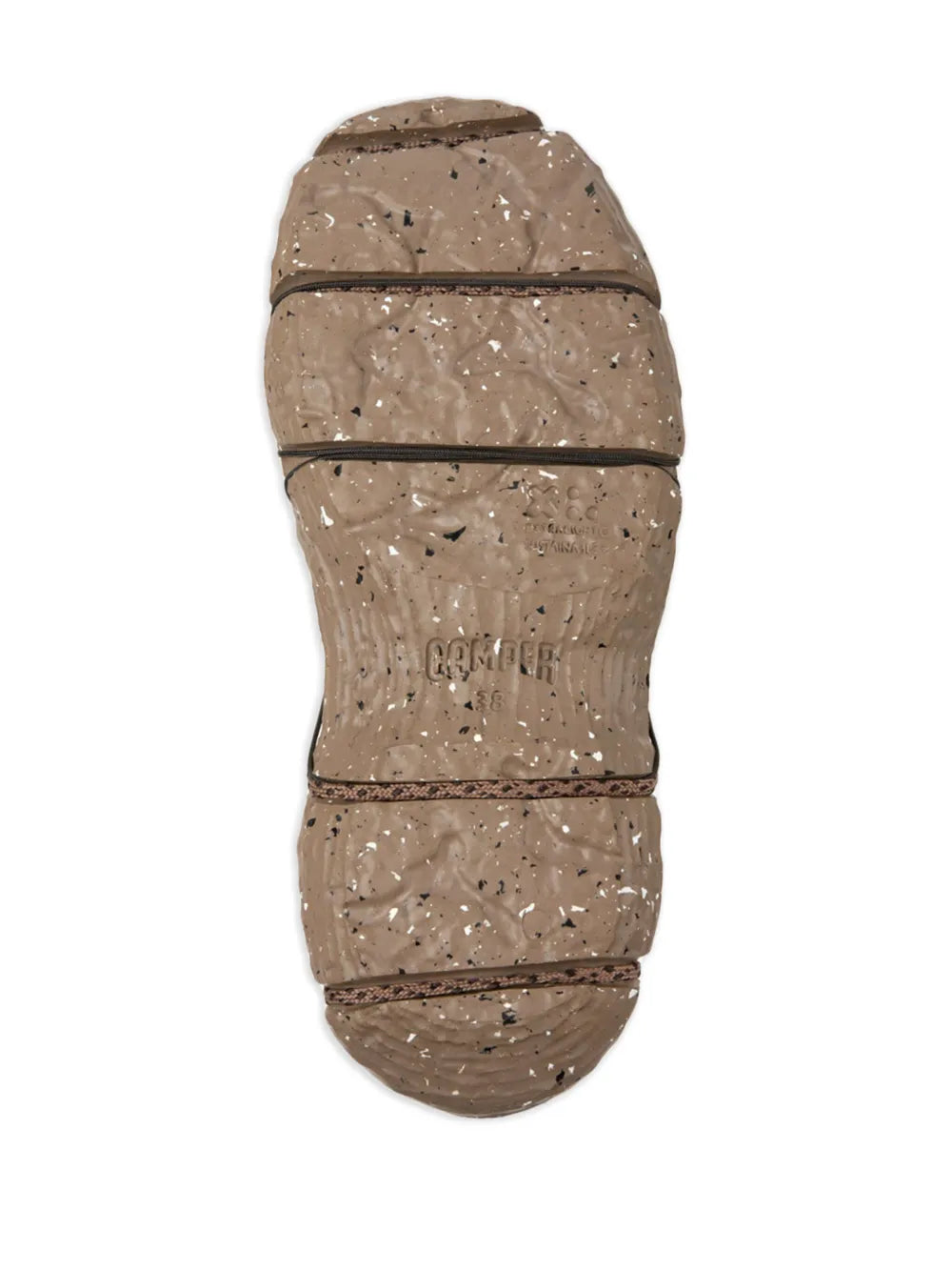Beige sneaker sole underside with small Camper logo and speckled pattern
