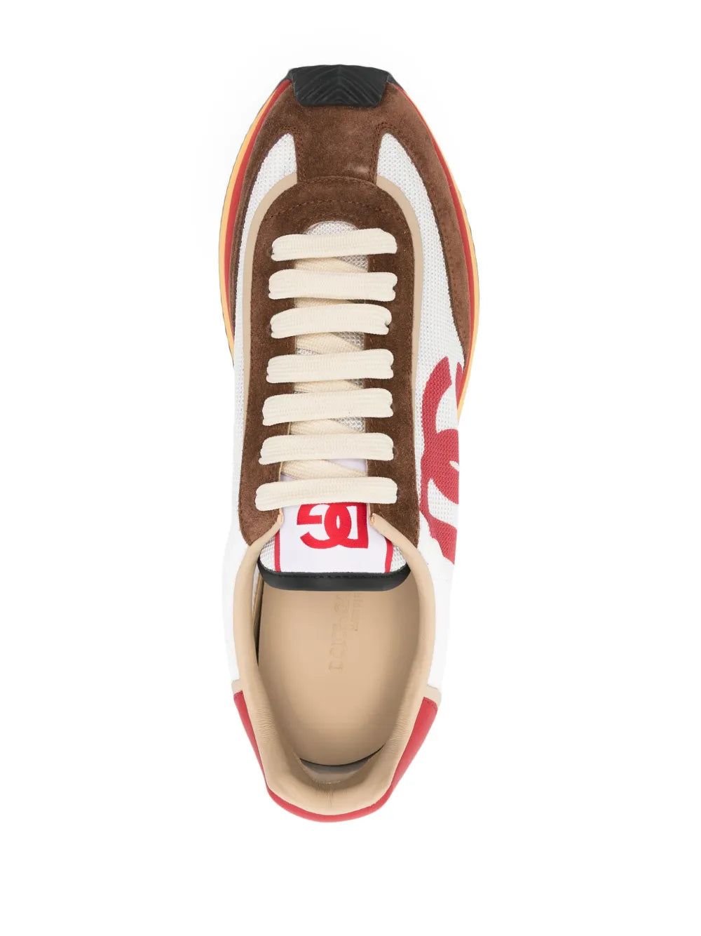 DG cushion sneakers top view: white laces, red DG print, brown suede toe