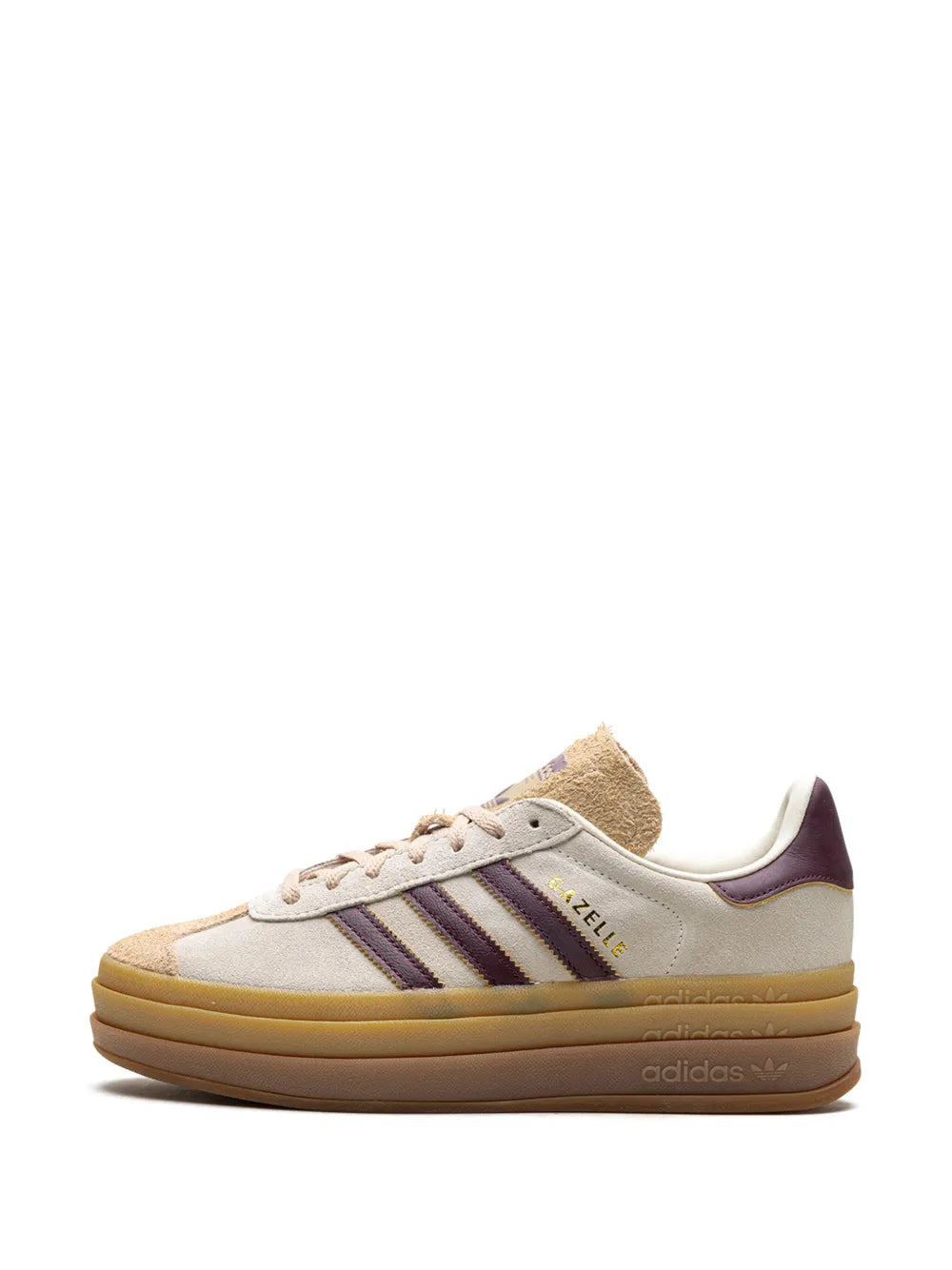 Beige low-top lace-up sneakers with purple triple stripes and tan gum sole