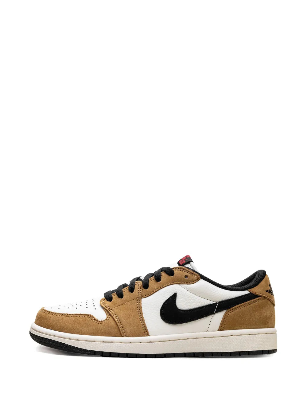 Low-top sneakers with white leather, tan suede, black swoosh, and black lace eyelets