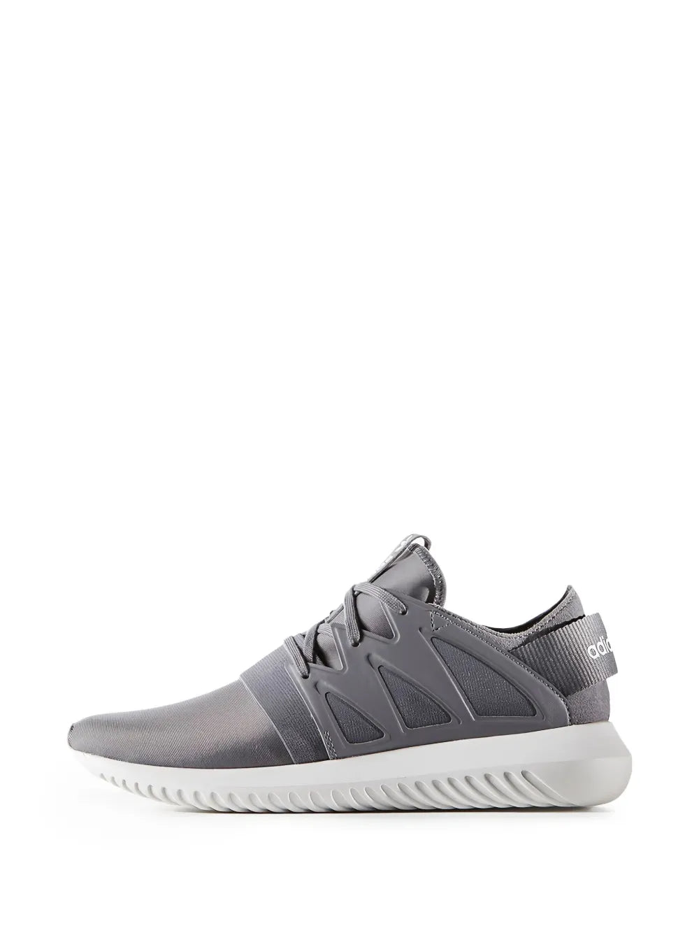 Grey adidas lace-up sneaker in profile, textured stripes and cushioned sole