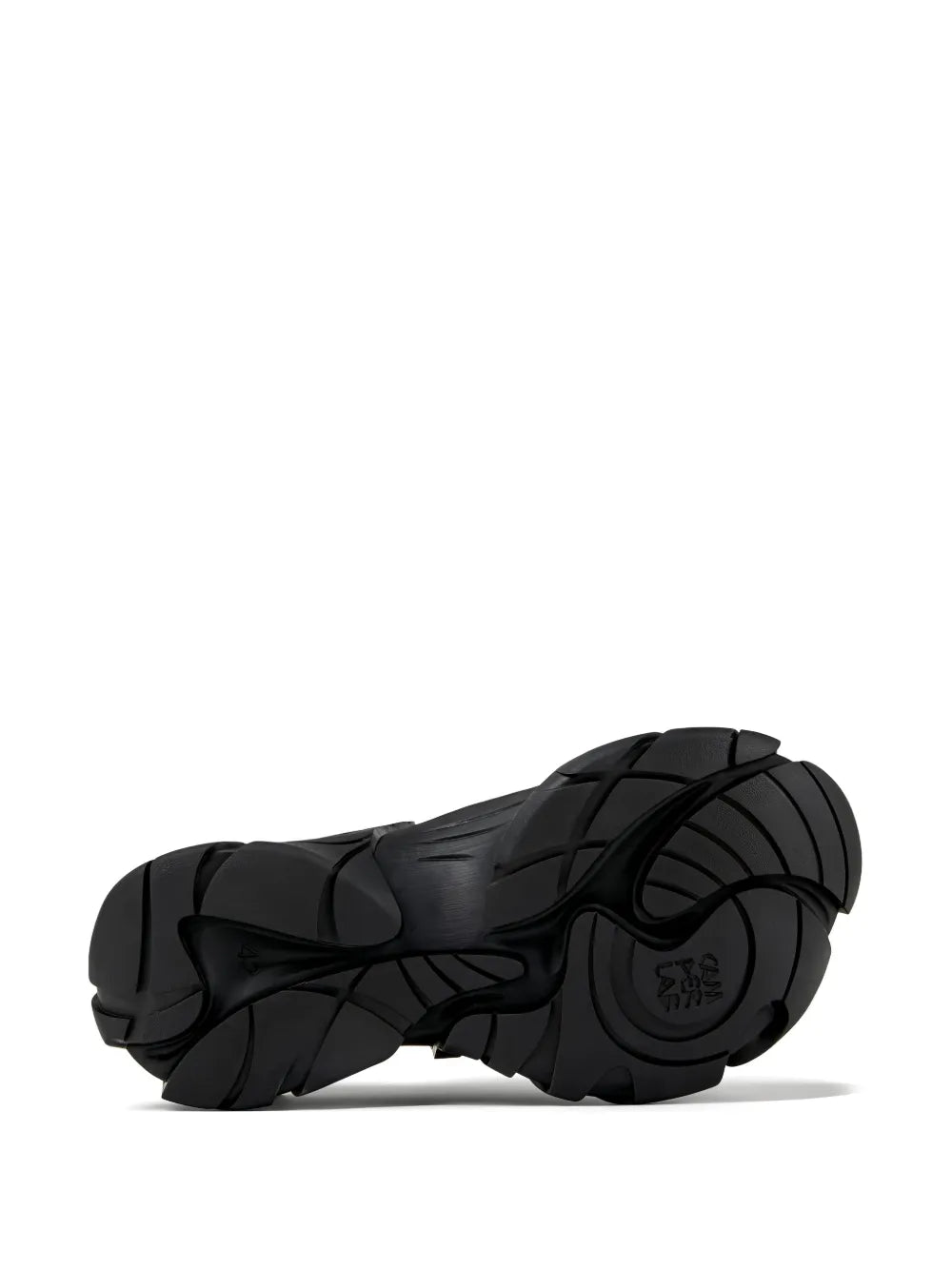 Black chunky sneakers with textured rubber sole, side profile