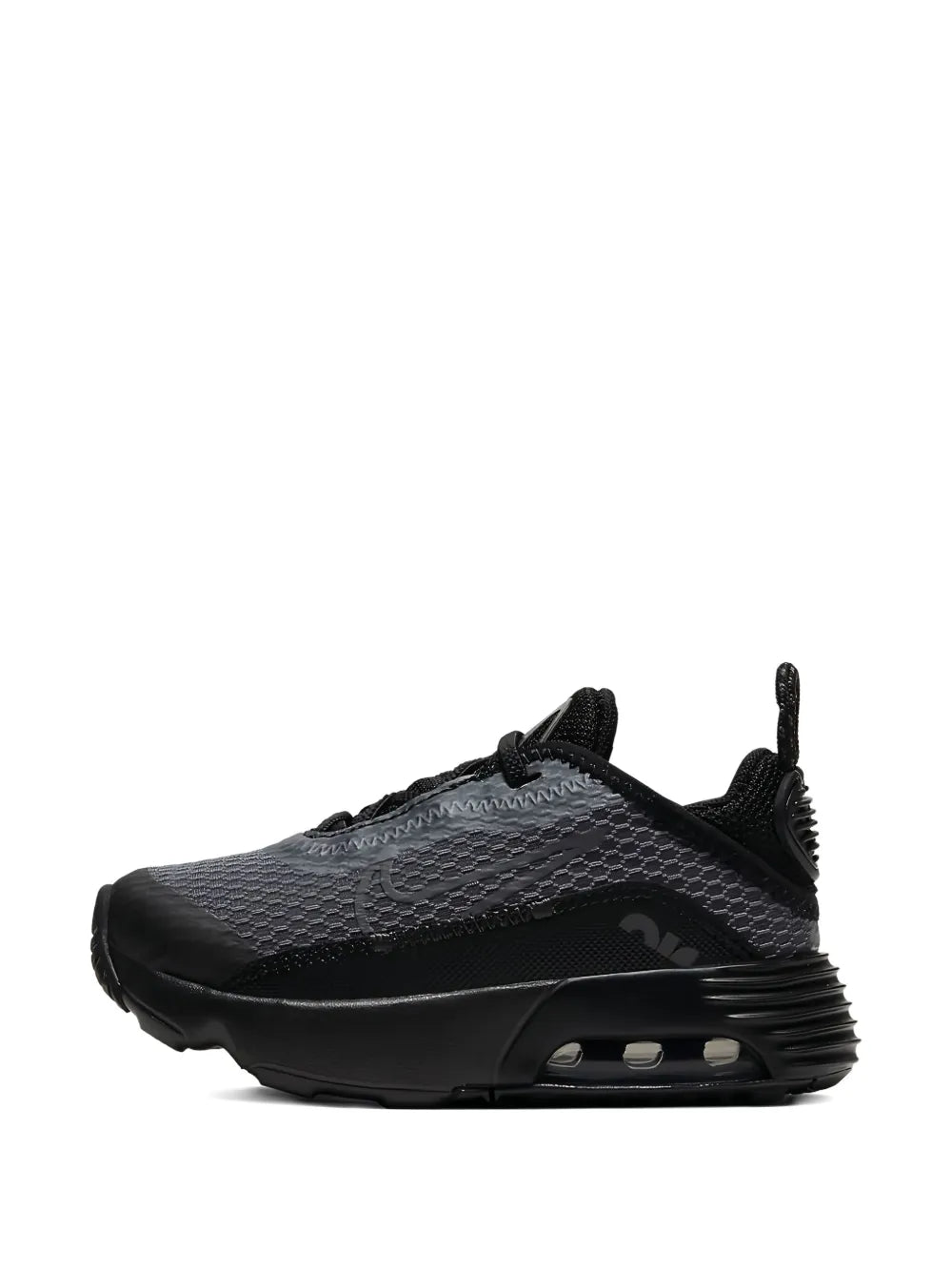 Air Max 2090 sneaker side view, black knit upper with visible Air window