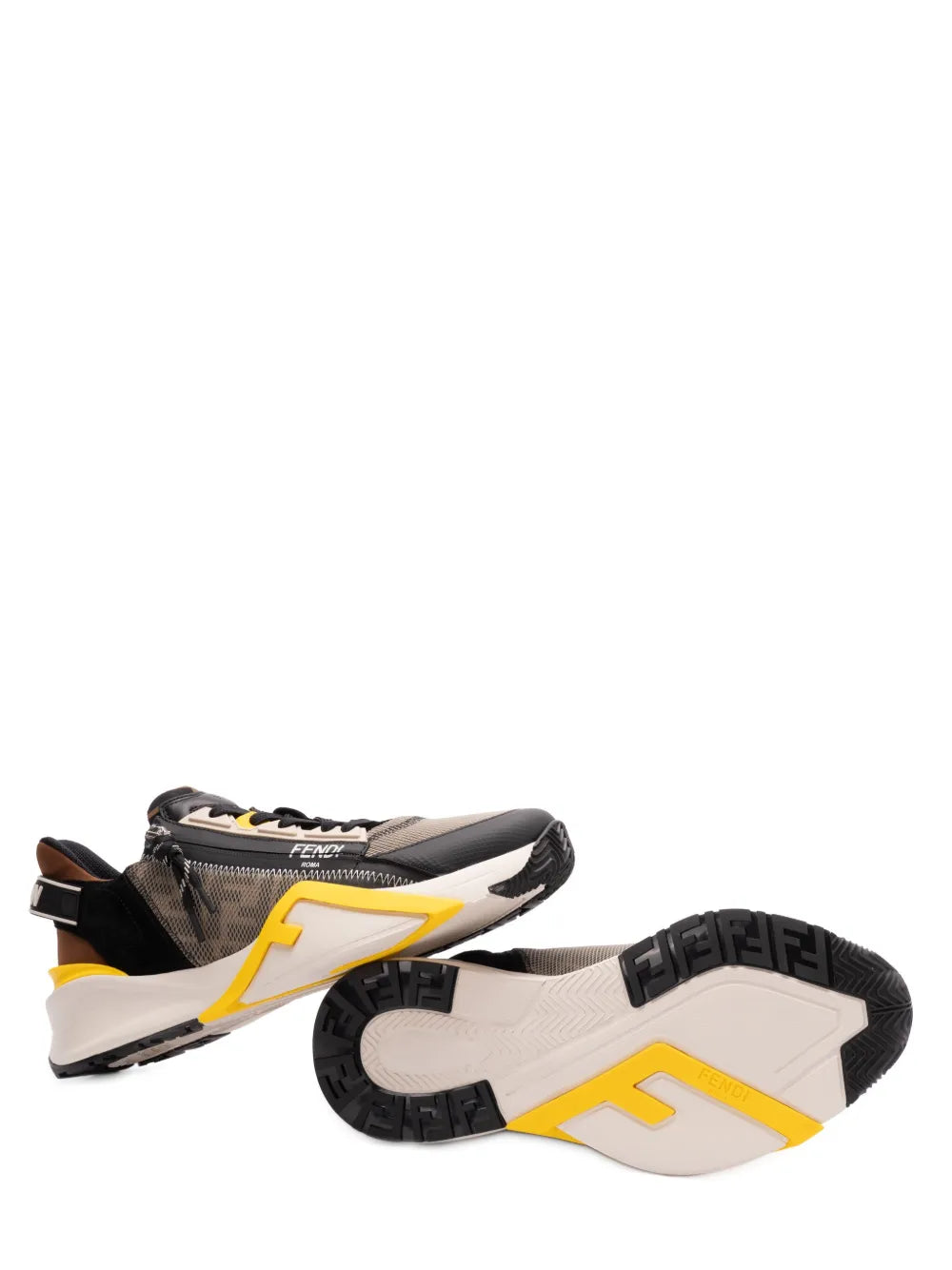 Fendi Flow sneakers outsole view, thick treaded sole with yellow geometric insert