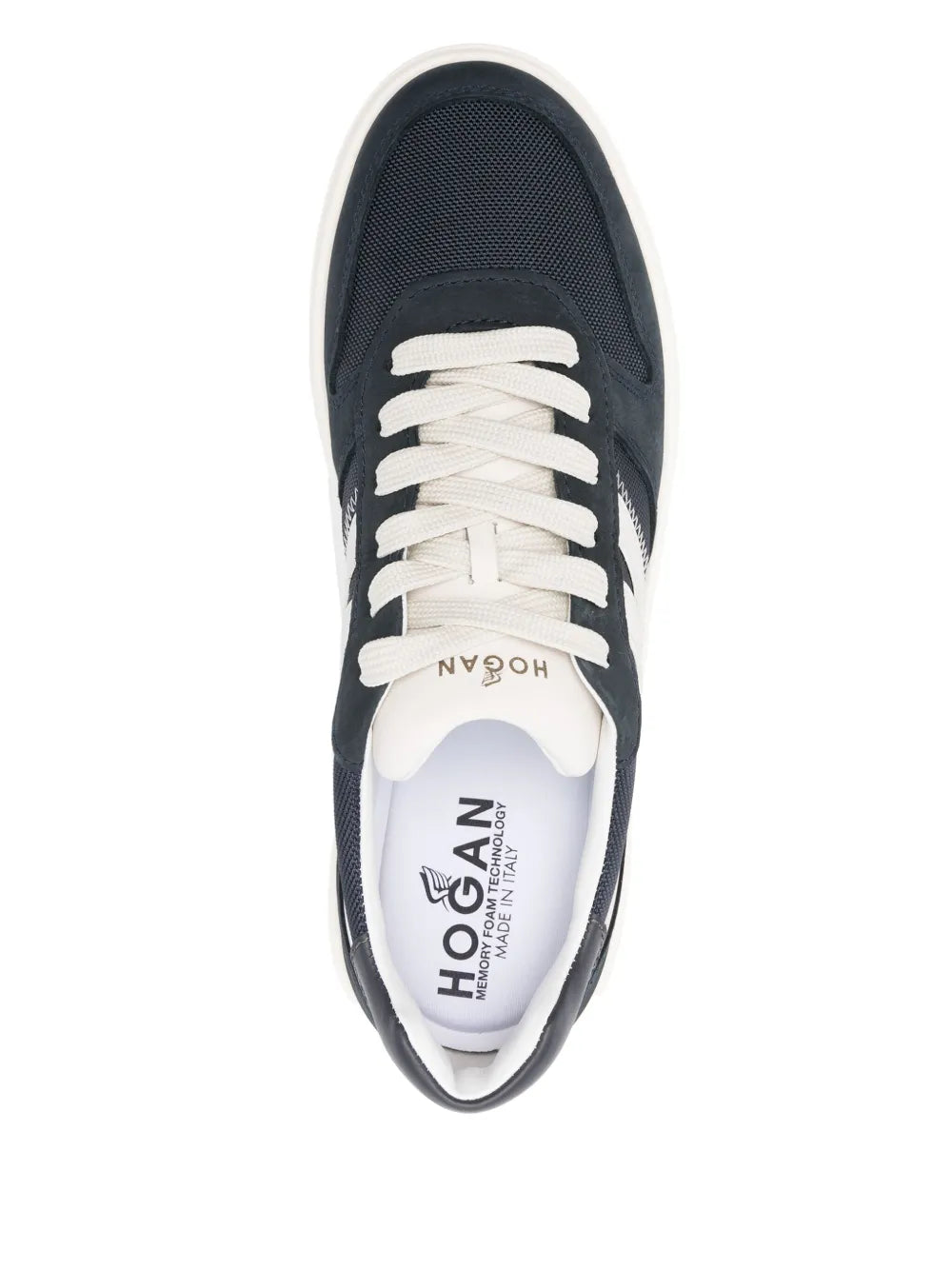 Oxford Blue Hogan sneaker with white laces, woven upper and Hogan logo at tongue