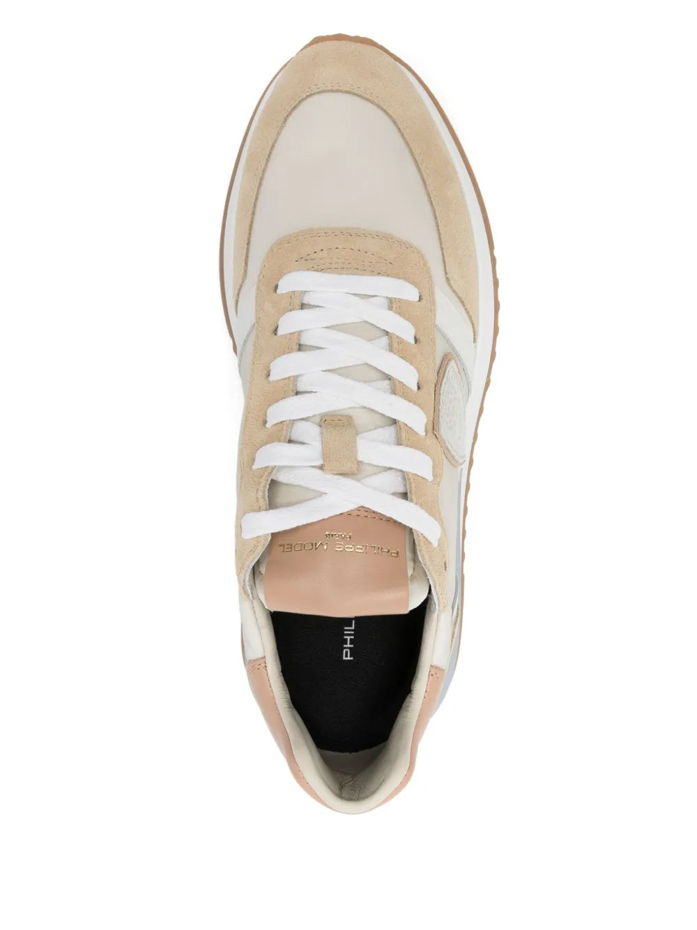Beige and off-white lace-up sneakers with tongue logo and black interior