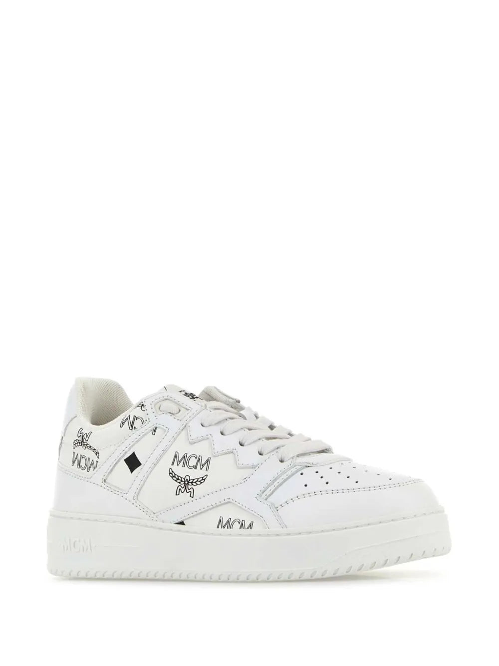 White lace-up sneakers, side MCM emblem and printed branding, textured sole