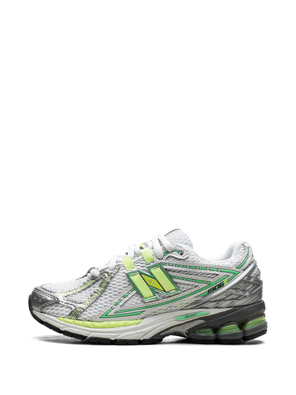 White and neon green running sneakers with large N logo and lace-up front.