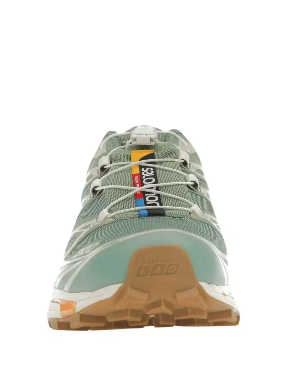Low-top running shoe in sage green, lace-up with multicolor tongue tab