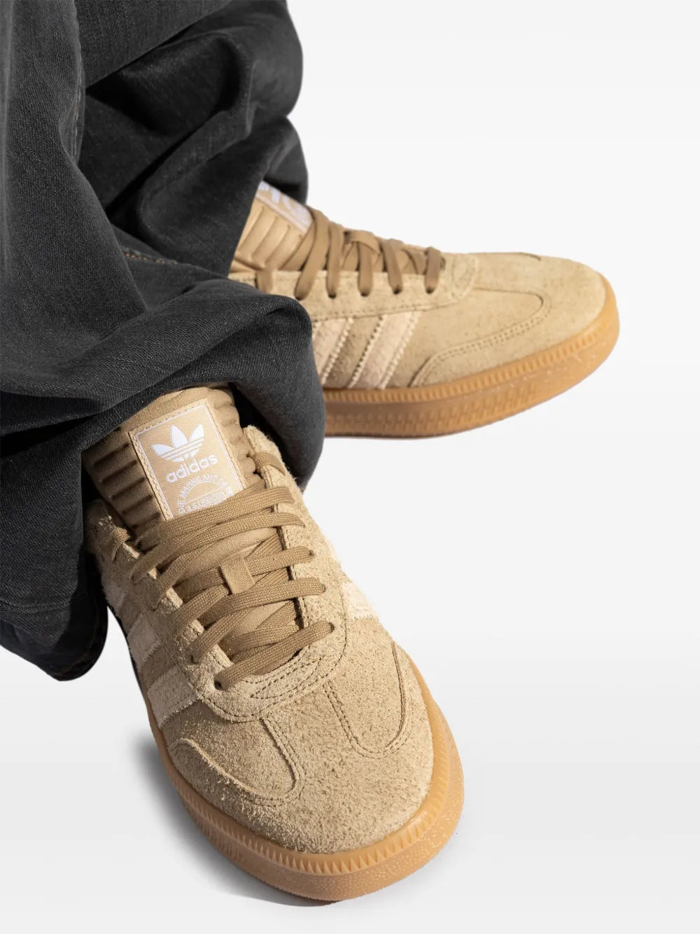 Beige Adidas Samba XLG sneakers with woven lace pattern and suede upper