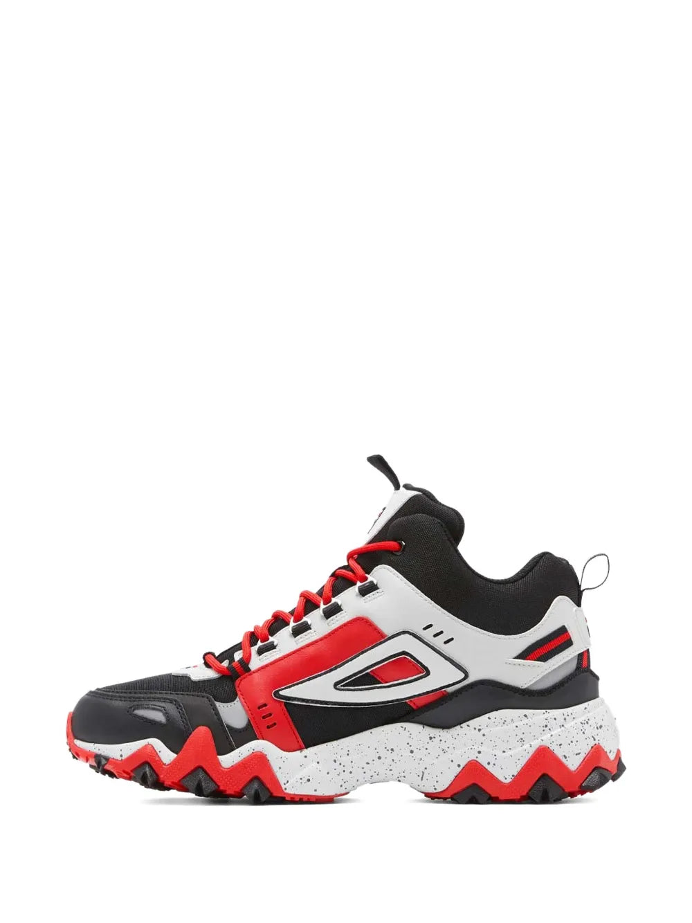 Black, white and red mid-top trail sneakers with red laces and speckled gray sole.