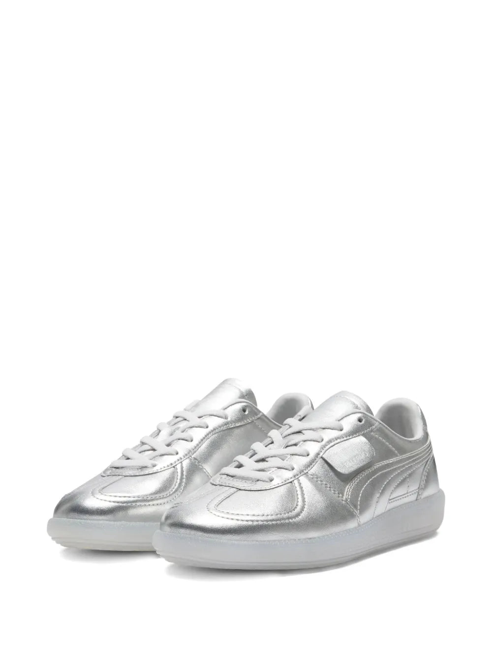 Metallic silver low-top sneakers with laces, side logo detail