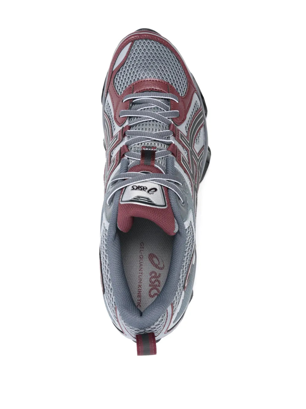 Asics Gel running sneaker, gray knit upper with laces and dark red trim, tongue label