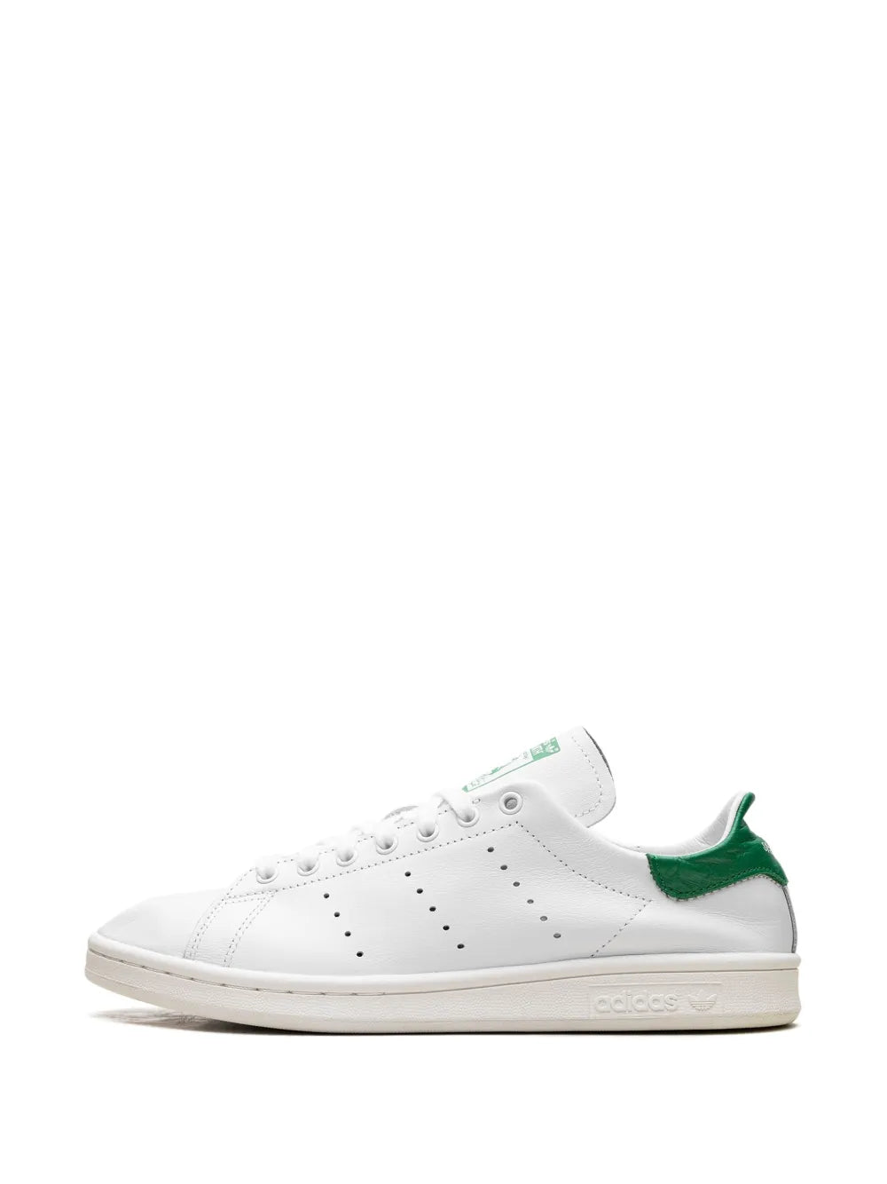 White leather lace-up sneaker with green heel accent and perforated side