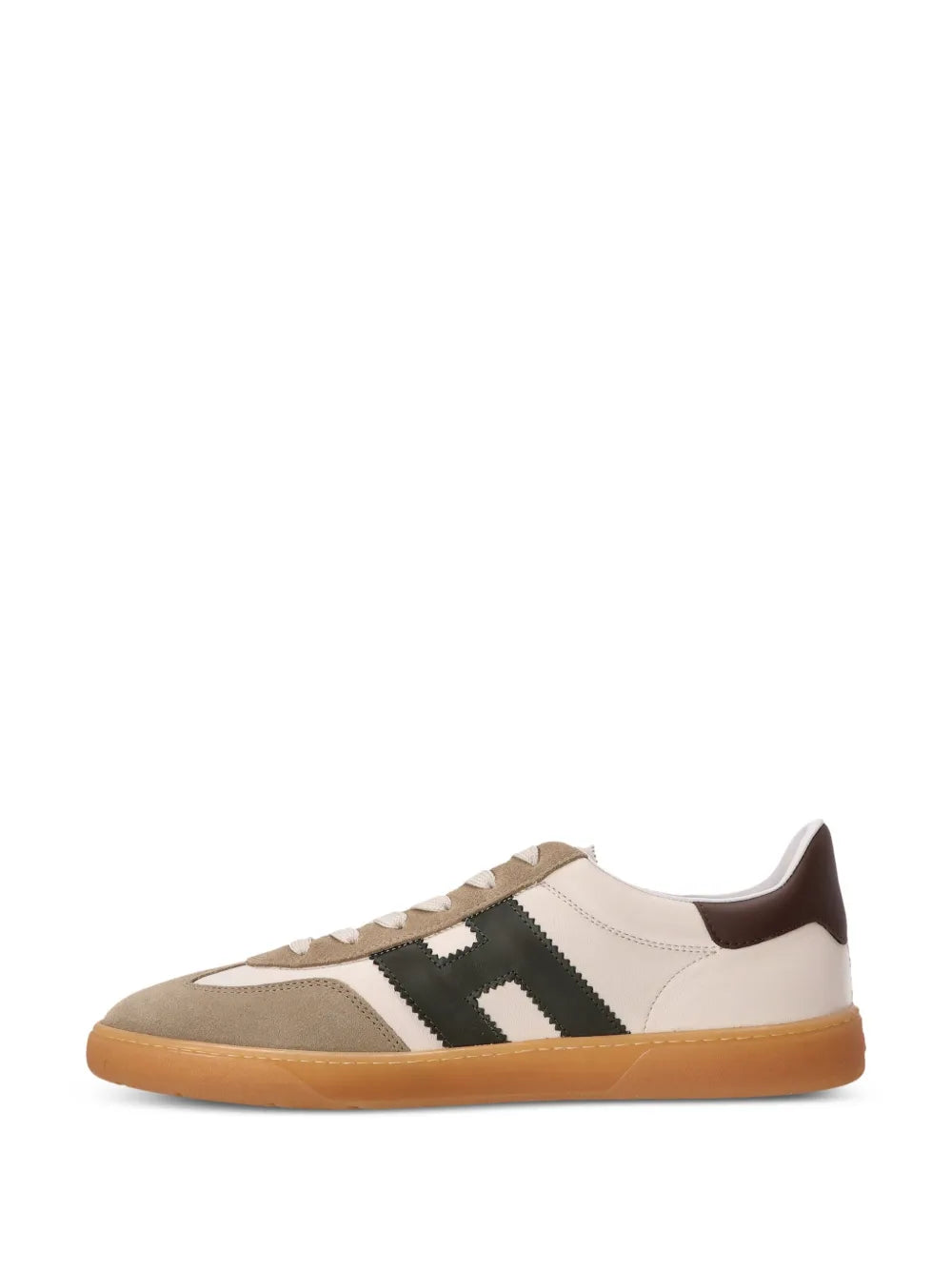 Hogan low-top leather sneakers, angled side profile with green stripe and tan gum sole