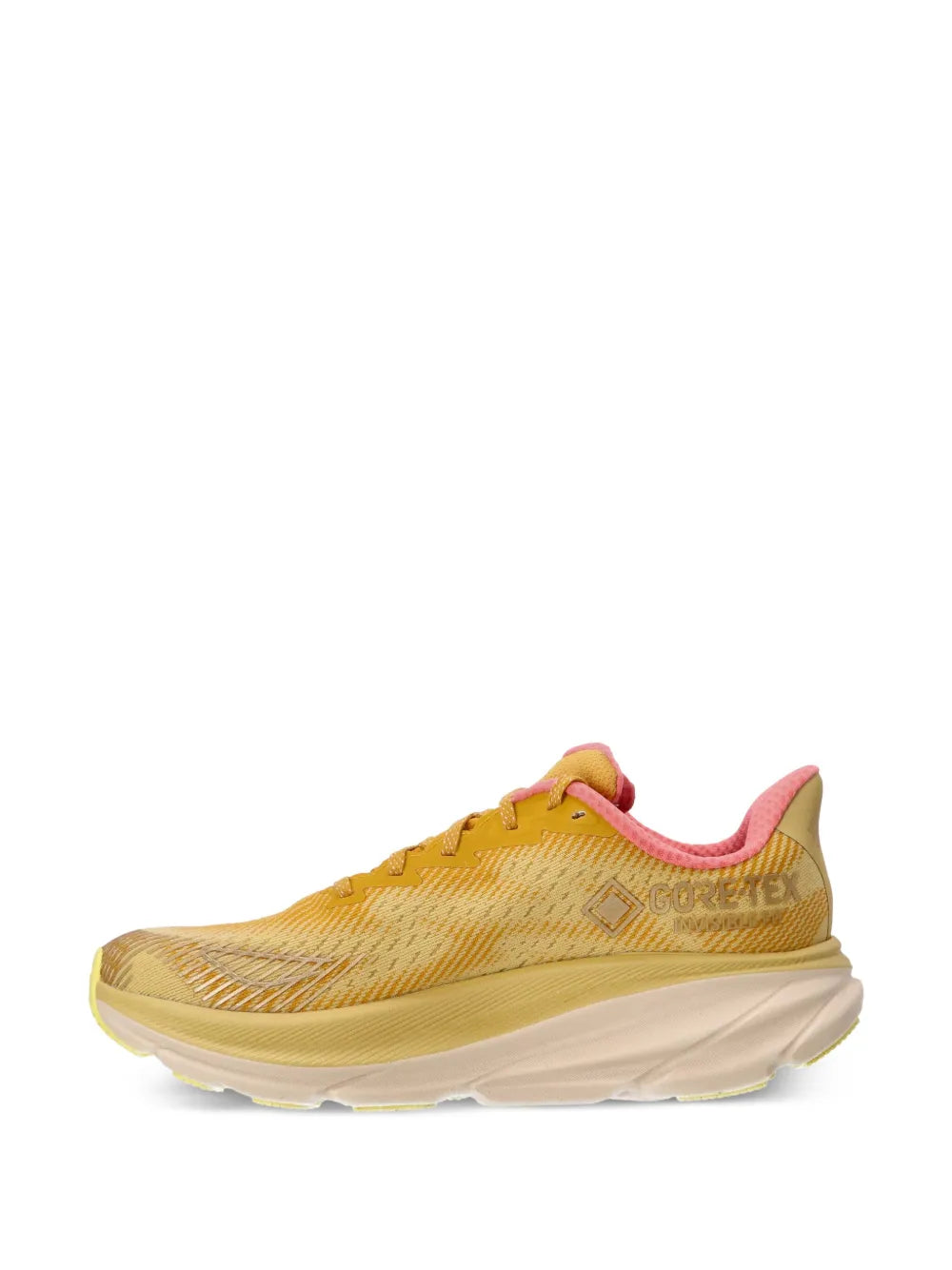 Yellow running trainers with GORE-TEX text, pink accents, and white midsole