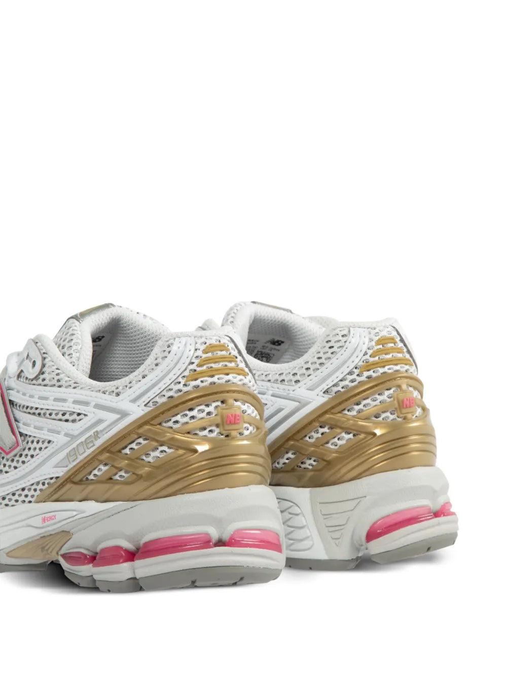 White and gold chunky sneakers with pink heel accents, padded collars, lace-up design