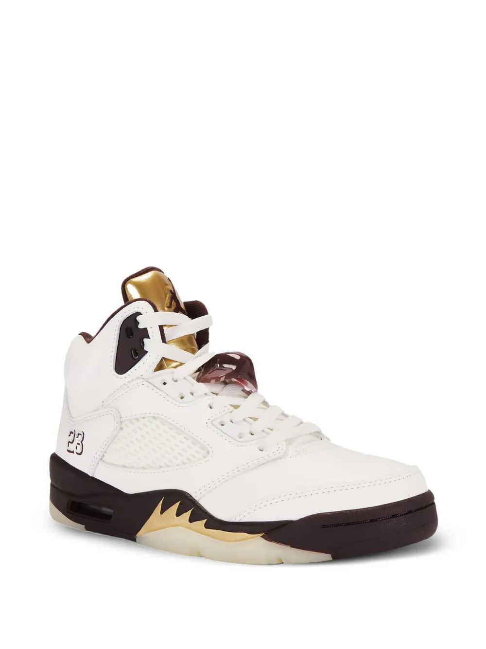 White lace-up Air Jordan 5 Retro sneaker with black heel, gold trim, and textured side panel