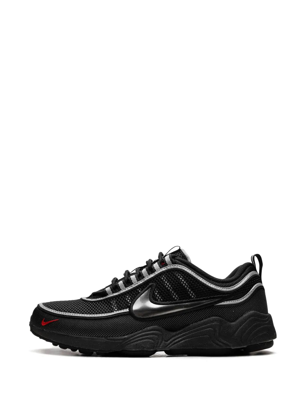 Black mesh lace-up running sneaker with Nike Swoosh and red swoosh detail