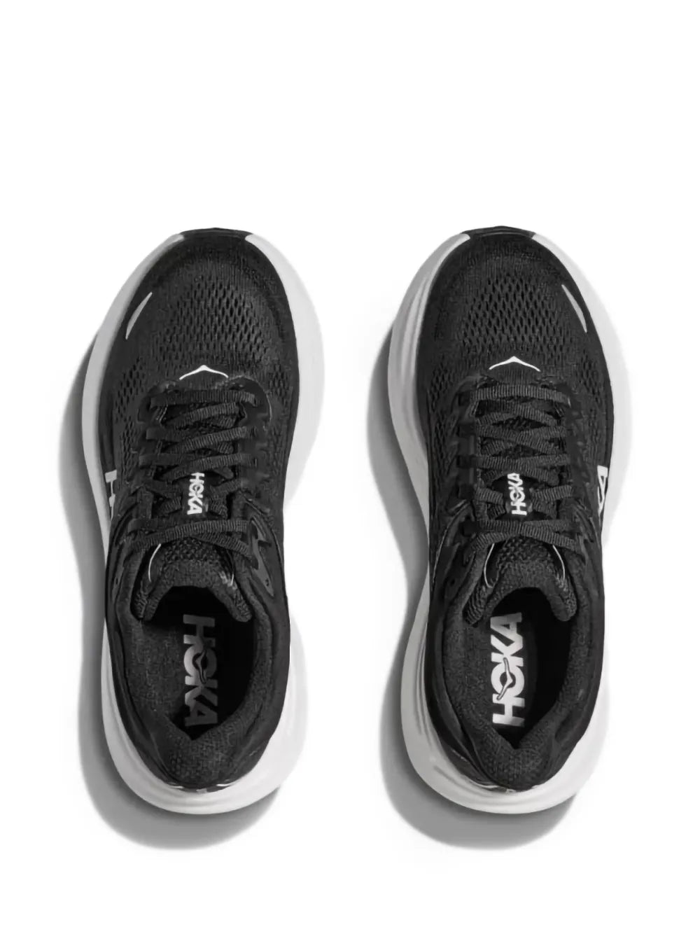 Pair of Hoka Bondi 9 black sneakers with white midsoles and lace-up mesh