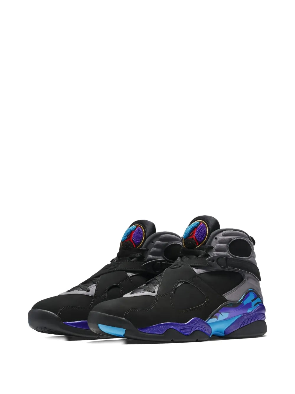 Black high-top sneakers with circular eyelets and purple-blue side panels