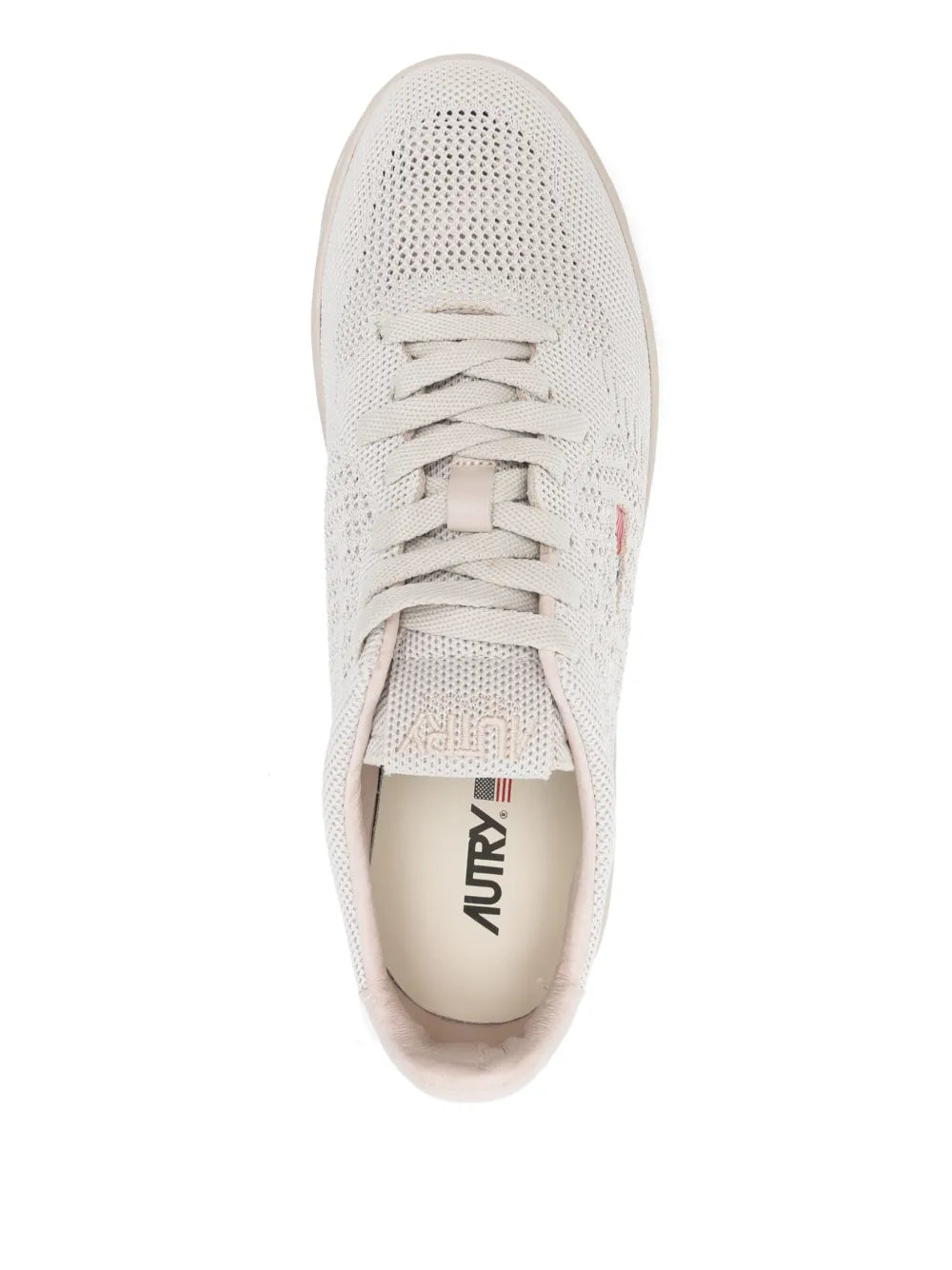 Light beige knit lace-up sneakers with lace-up front and tongue logo patch