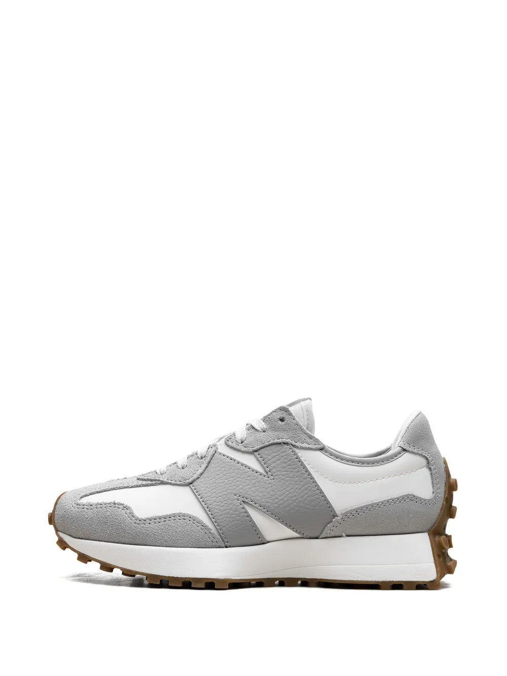 New Balance 327 low-top sneaker front view, grey and white panels with laces