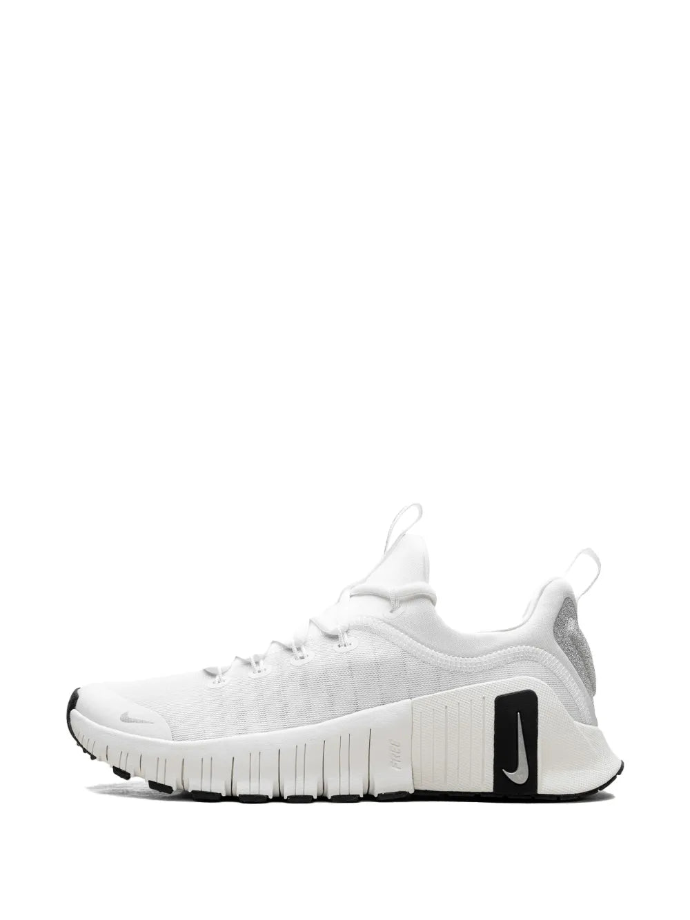 Nike Free Metcon 6 Premium sneaker front view, white knit, black heel logo, lace-up