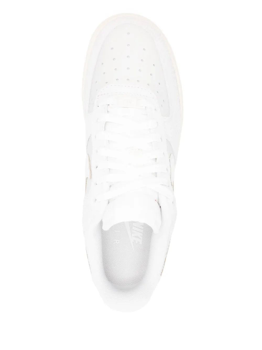 Nike Air Force 1 low-top sneakers, top view of lace-up front in white