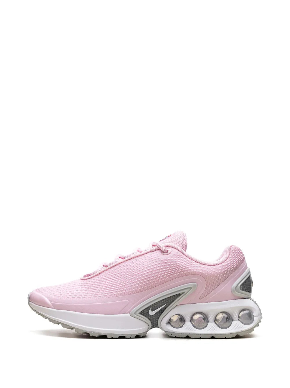 Pink Nike Air Max Dn running shoe front three-quarter view with lace-up