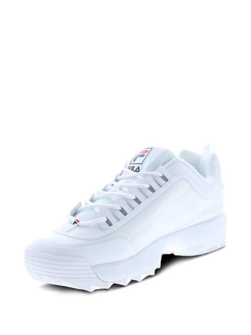 White Fila Disruptor 2 sneakers, front angled view with lace-up closure
