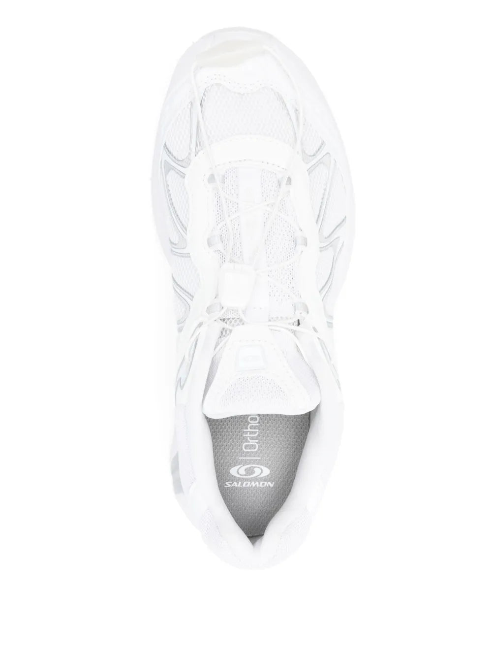White running shoes tongue and collar view, lace-up with cushioned interior