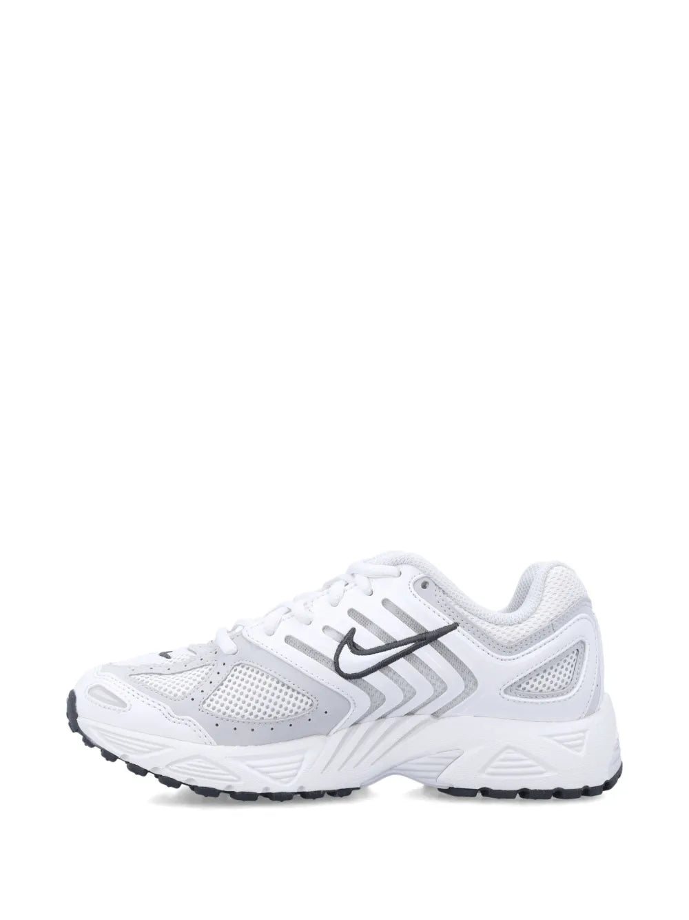 White Nike lace-up running shoes, front-side view with perforated panels and Swoosh