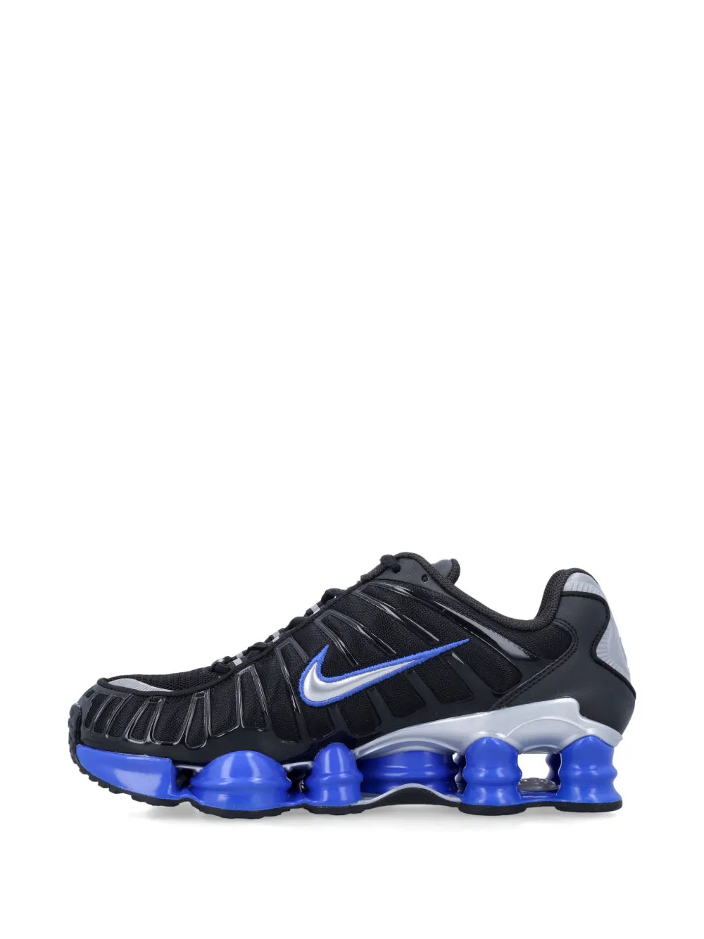 Black Nike Shox TL low-top sneakers with blue Swoosh and blue cushioning pods