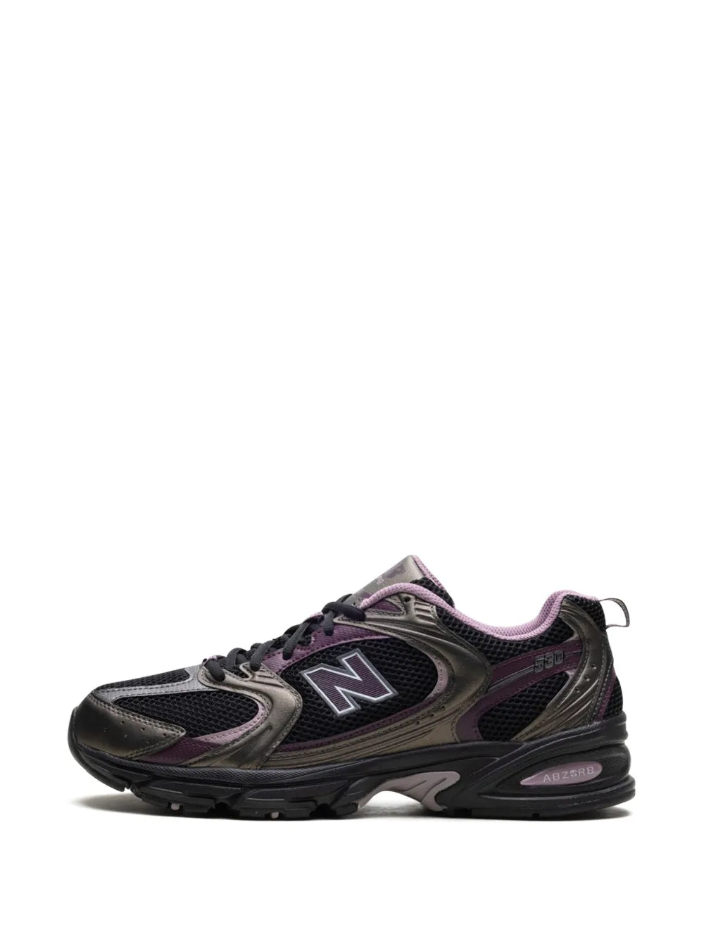 New Balance 530 black sneakers, front side view with N logo and purple trim