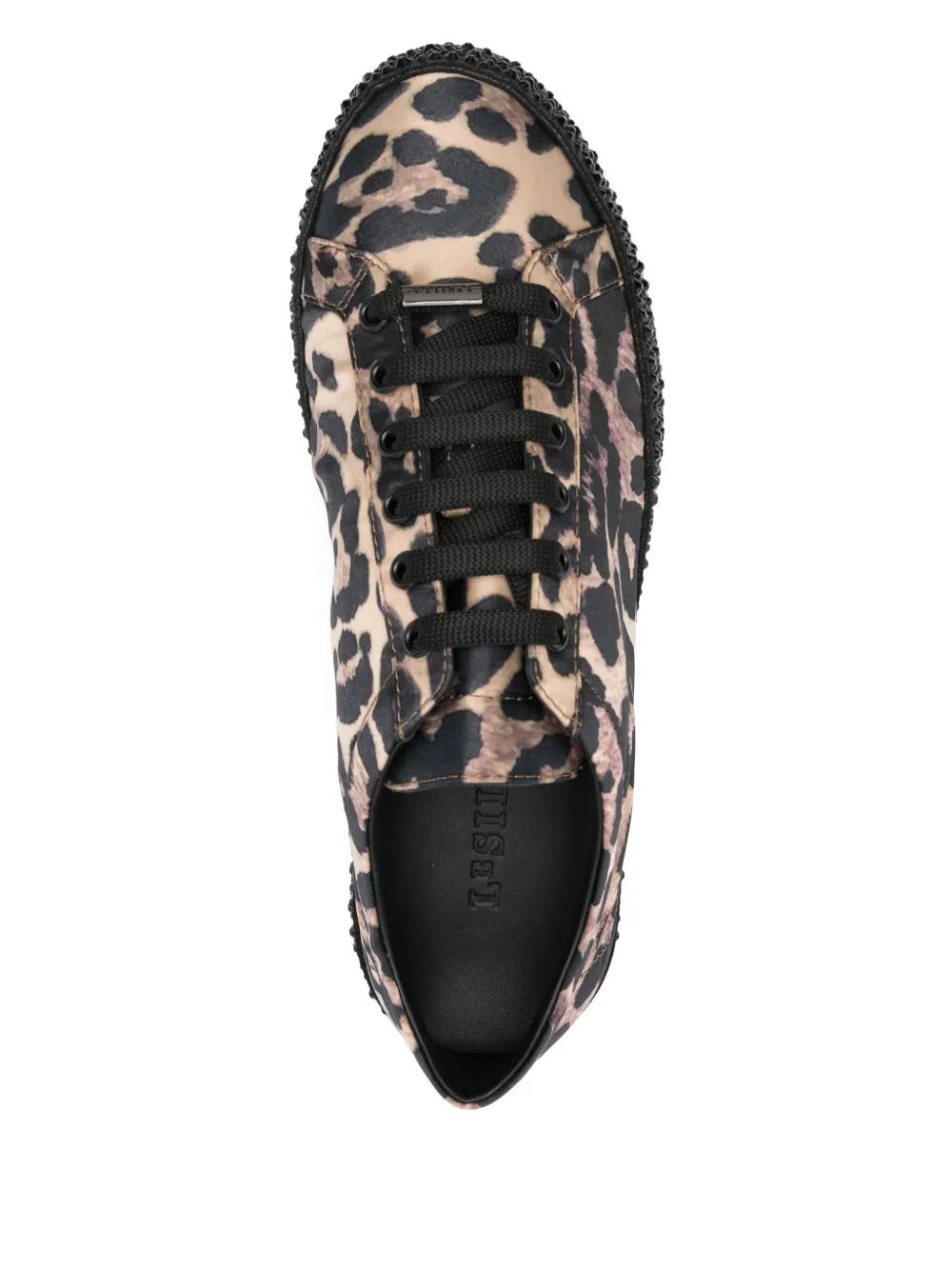 Leopard-print sneaker with black laces and padded collar, top view