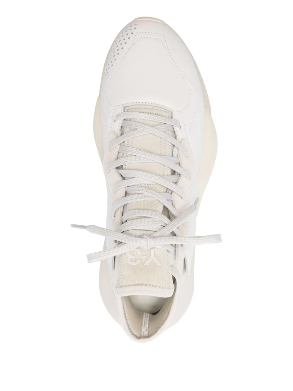 White lace-up sneaker, top view showing lace-up eyelets and padded tongue