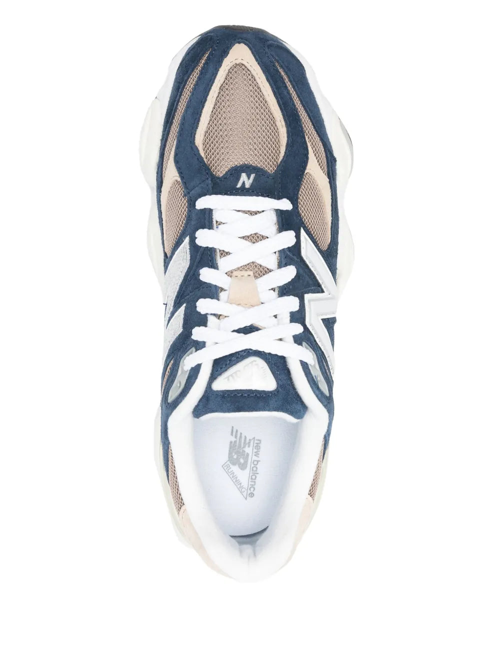 New Balance 9060 lace-up sneakers with navy upper, beige tongue, and white laces