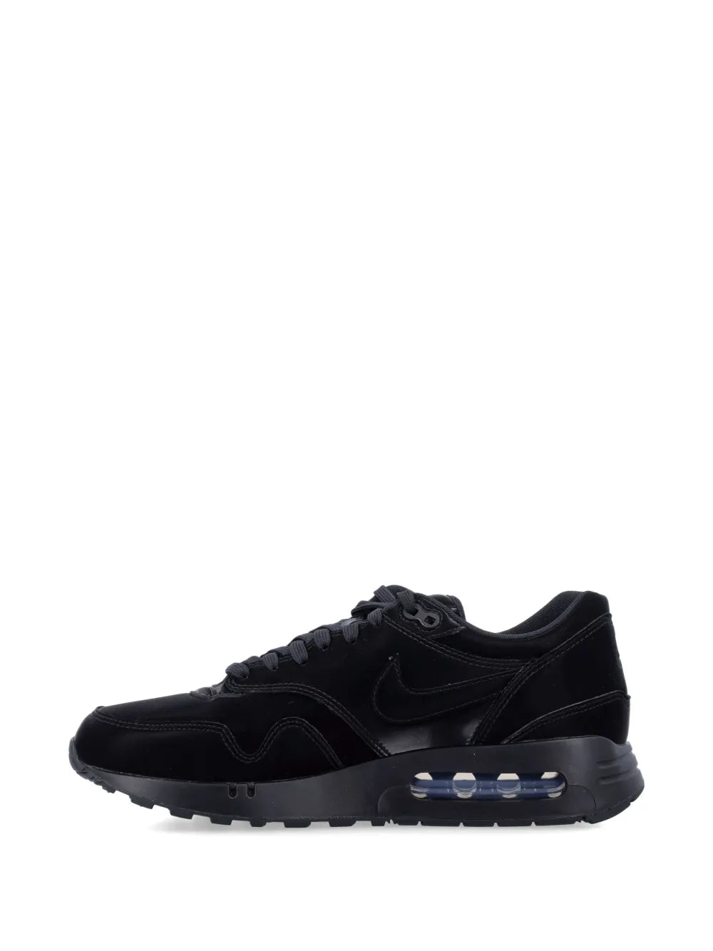 Nike Air Max 1 '86 sneaker, black lace-up with blue Air unit sole and padded collar