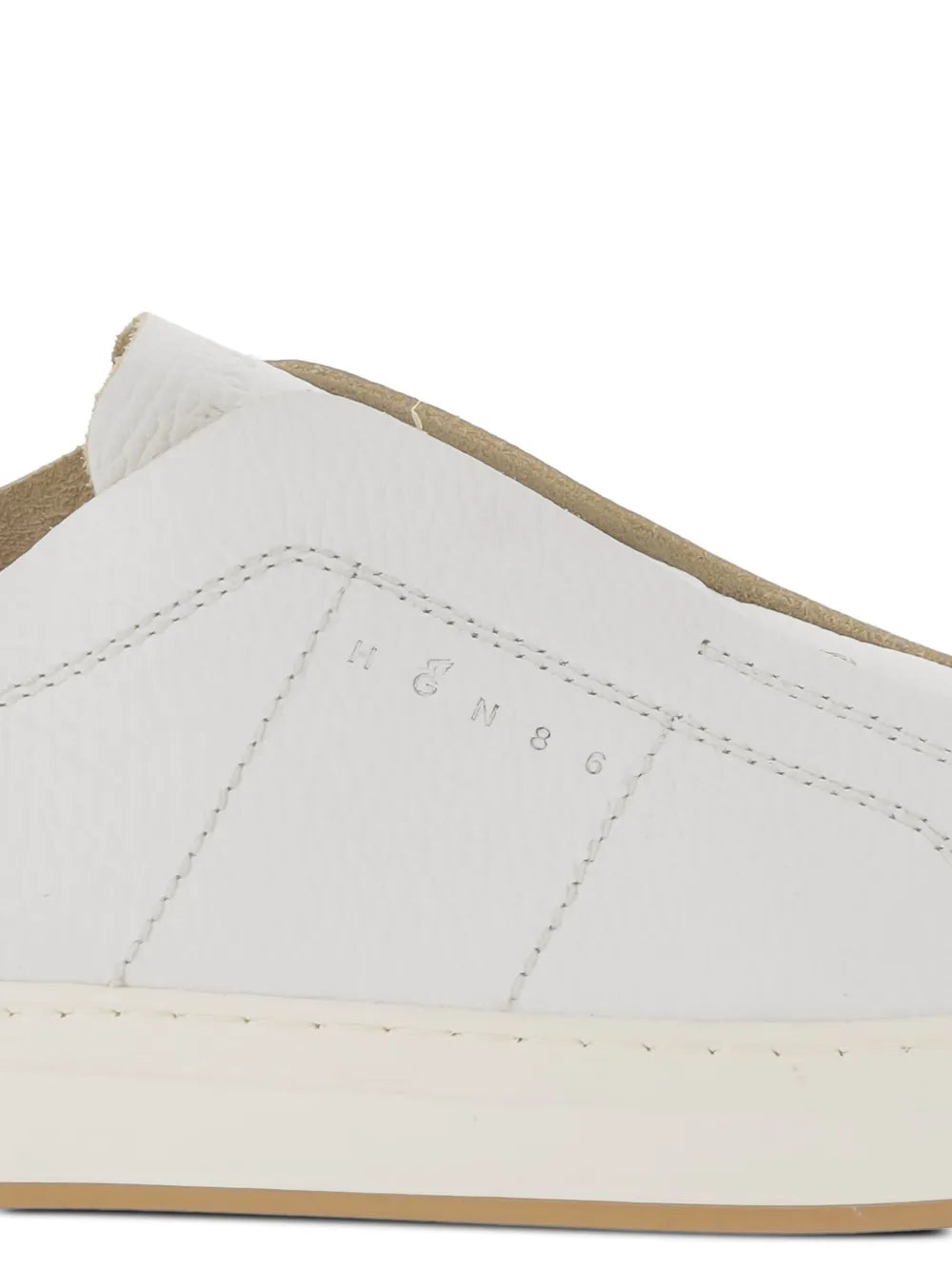 Hogan H-Tv white sneaker upper close-up, stitched seams and side logo detail