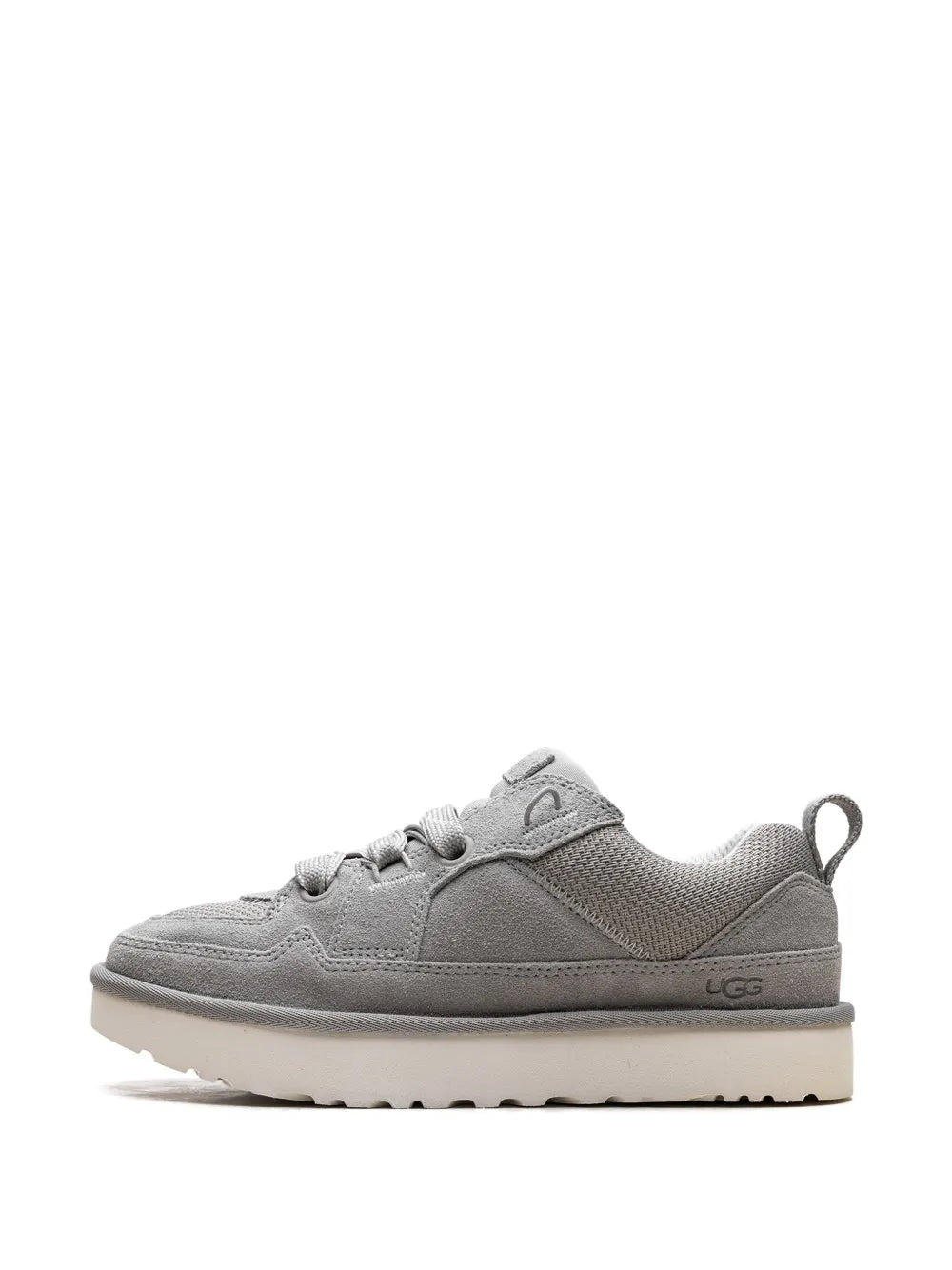 UGG Lowmel Lo grey low-top sneaker side view with lace-up closure