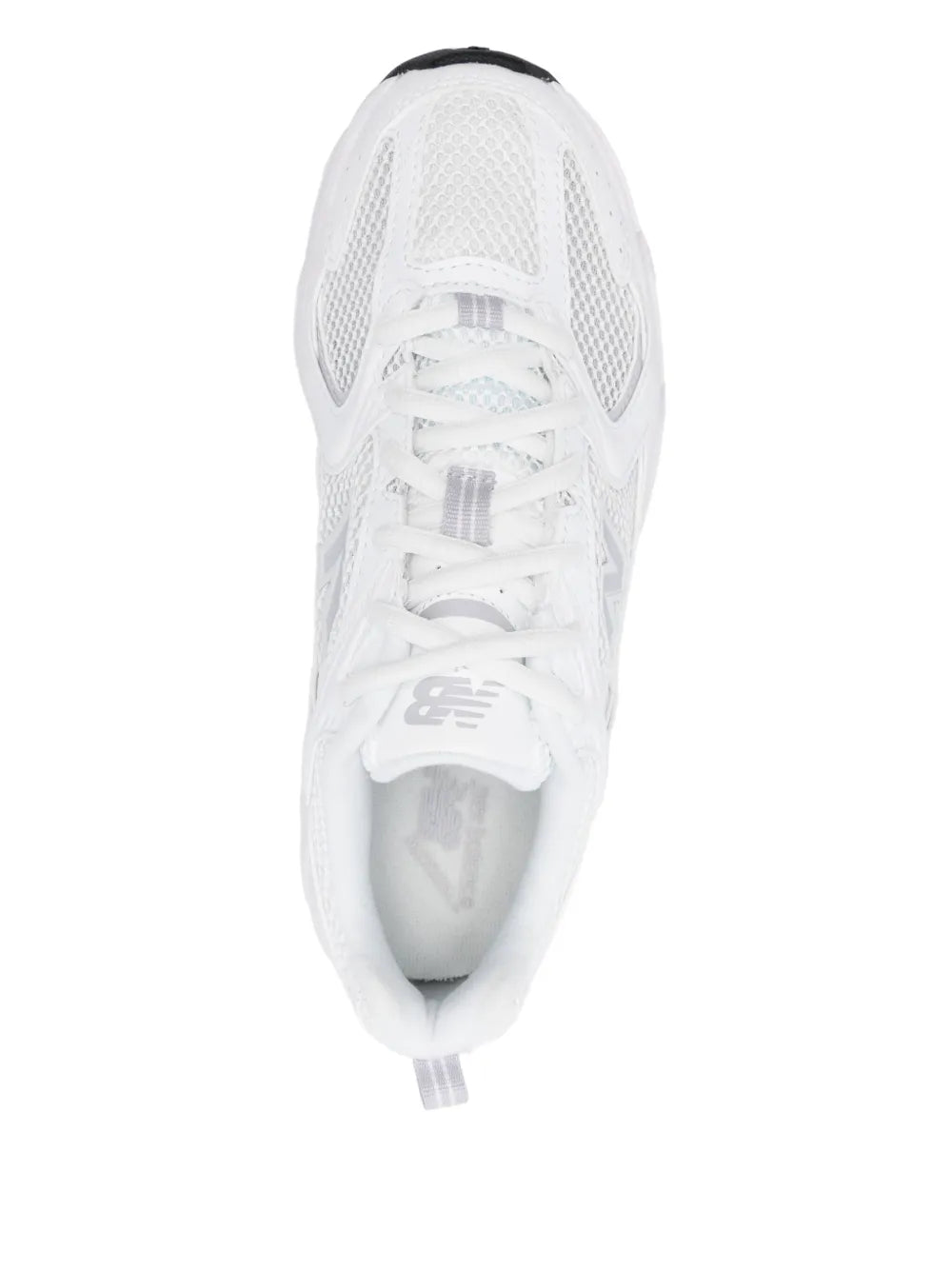 White New Balance 530 sneakers, top view with lace-up mesh and padded tongue