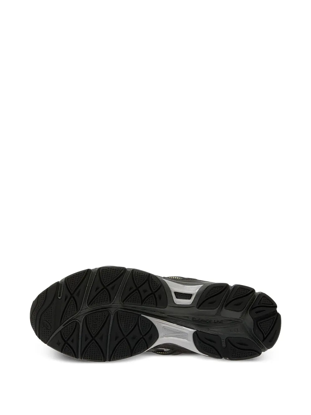 Black and gray sneakers with textured tread rubber outsole, heel side view