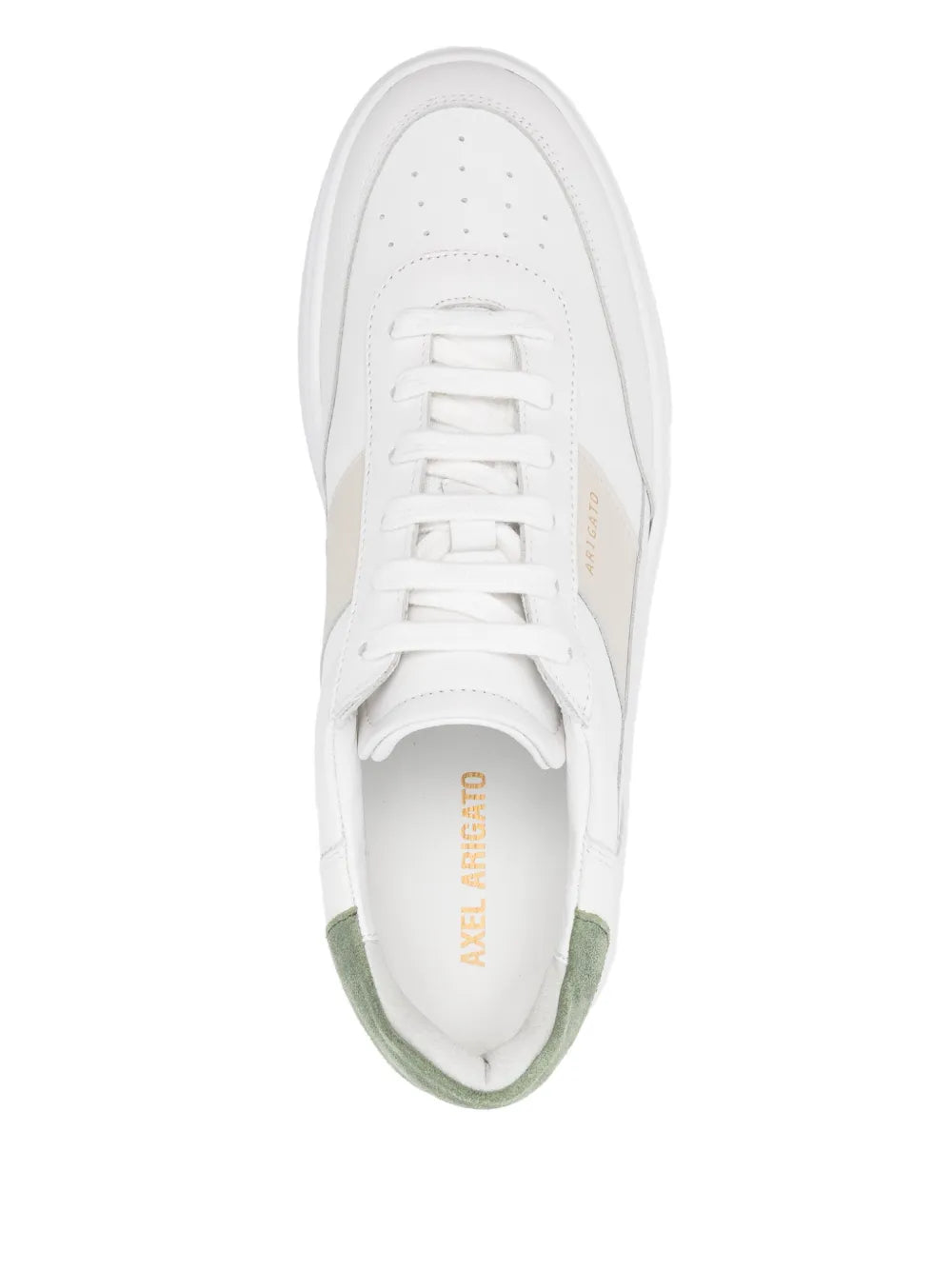 White sneaker top view with laces, green inner heel, and printed logo detail