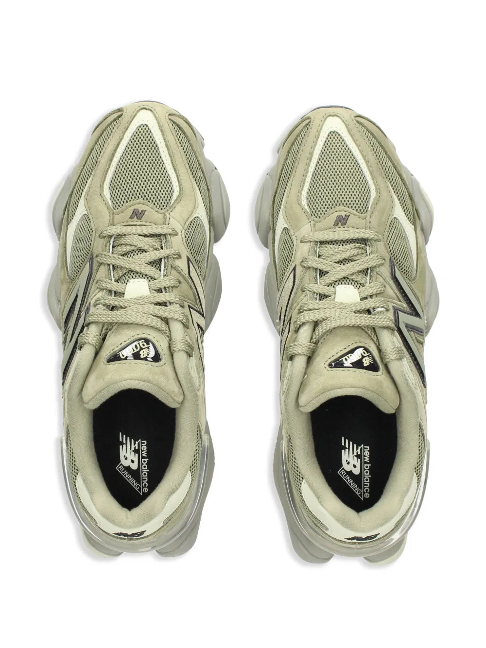 Pair of green New Balance sneakers, front view, mesh uppers and lace-up closure