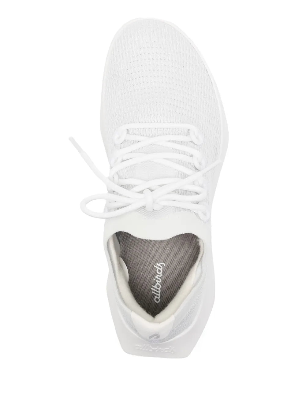 White lace-up sneaker with open collar and dark padded footbed